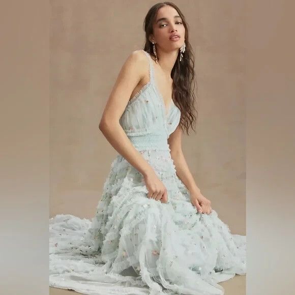 NWT $798 Mac‎ Duggal 8037 Halter Neckline Ruffle Floral Gown Blue NWT - Picture 6 of 10